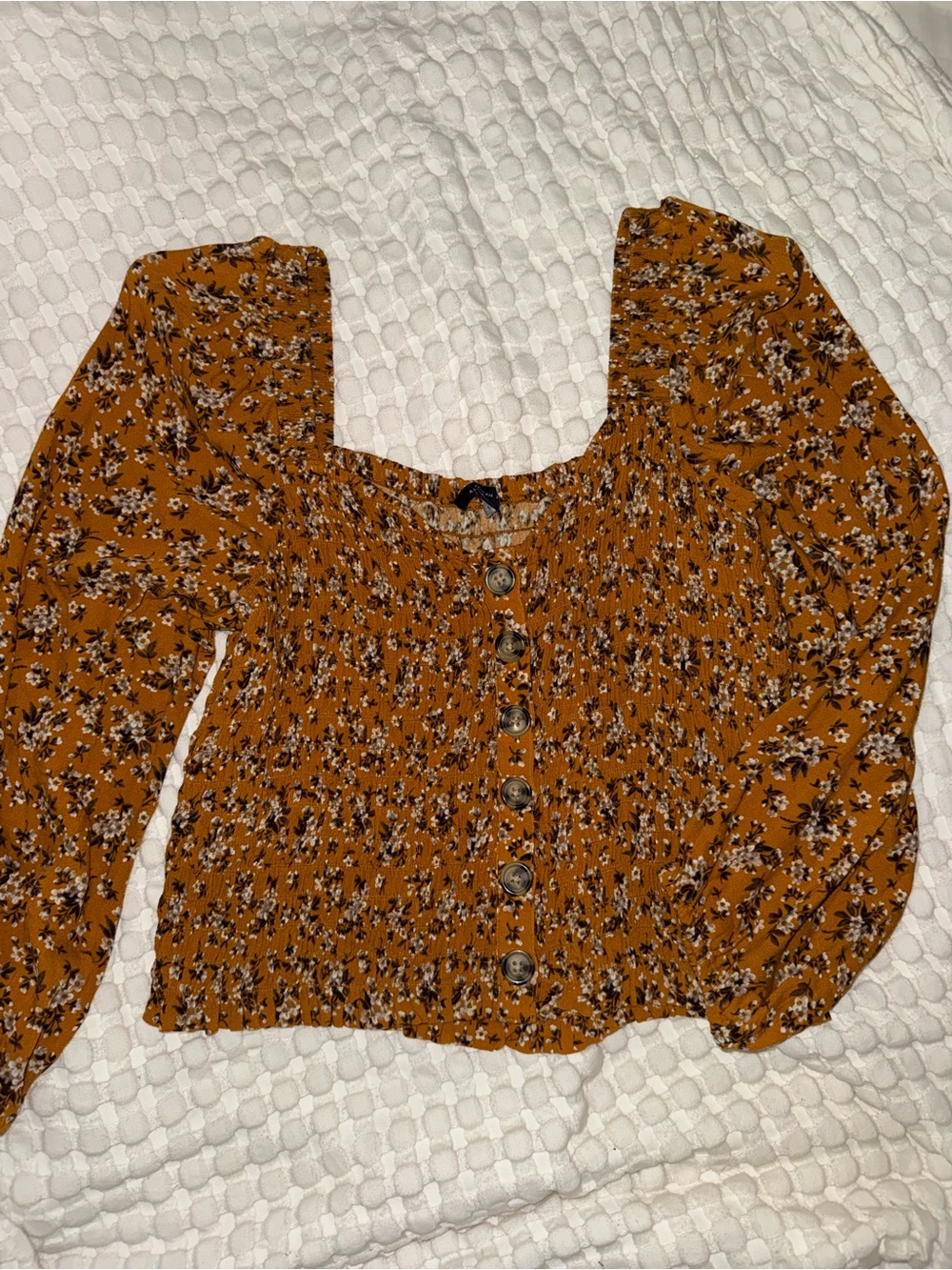 American Eagle Outfitters Burnt Orange Floral Button-Smocked Top
